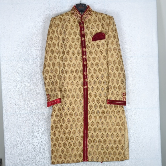 manyavar Other - Manyavar Men's Beige Jacquard Traditional Groom Sherwani Set Size‎ L